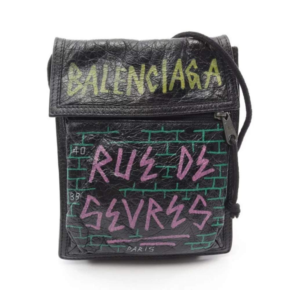 Balenciaga Explorer Pouch Strap Graffiti Shoulder Bag Leather Black Multicolor
